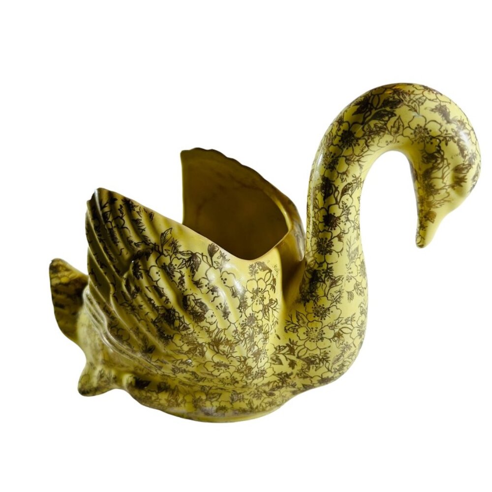1950s Pioneer Pottery Company Usa Yellow 22 Kt Gold Design Swan Planter